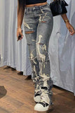 Fashion Casual Print Ripped High Waist Regular Denim Jeans