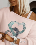 Heart Pattern Beaded Cold Shoulder Top
