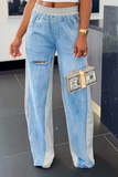 Casual Patchwork Ripped Mid Waist Straight Denim Jeans