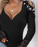 Cold Shoulder Contrast Lace Beaded Top
