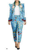 Elastic Fly Mid ruffle Patchwork Print Straight Pants Two-piece suit