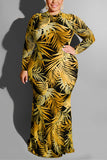 Fashion Leaf Print Yellow Plus Size Dress