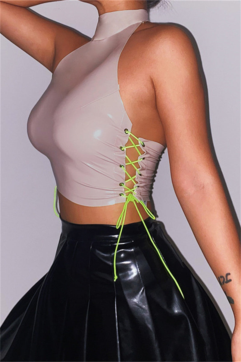 Fashion Sexy Solid Bandage Backless Halter Tops