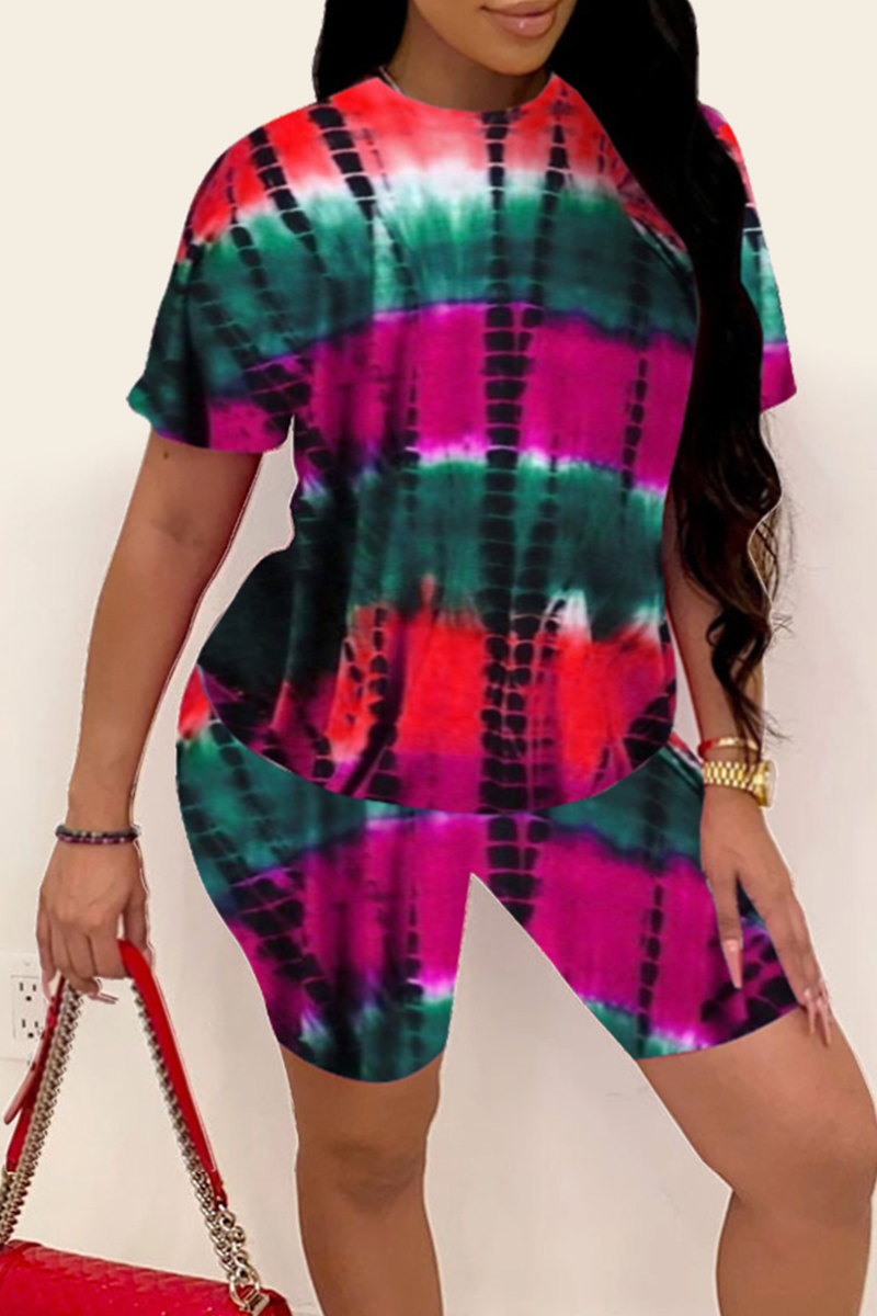 Casual Print Split Joint O Neck Short Sleeve Two Pieces