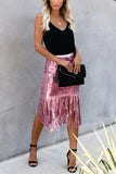 Casual Sequins High Waist Tassel Pink Skirt