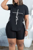 Casual Print Split Joint Frenulum O Neck Short Sleeve Two Pieces
