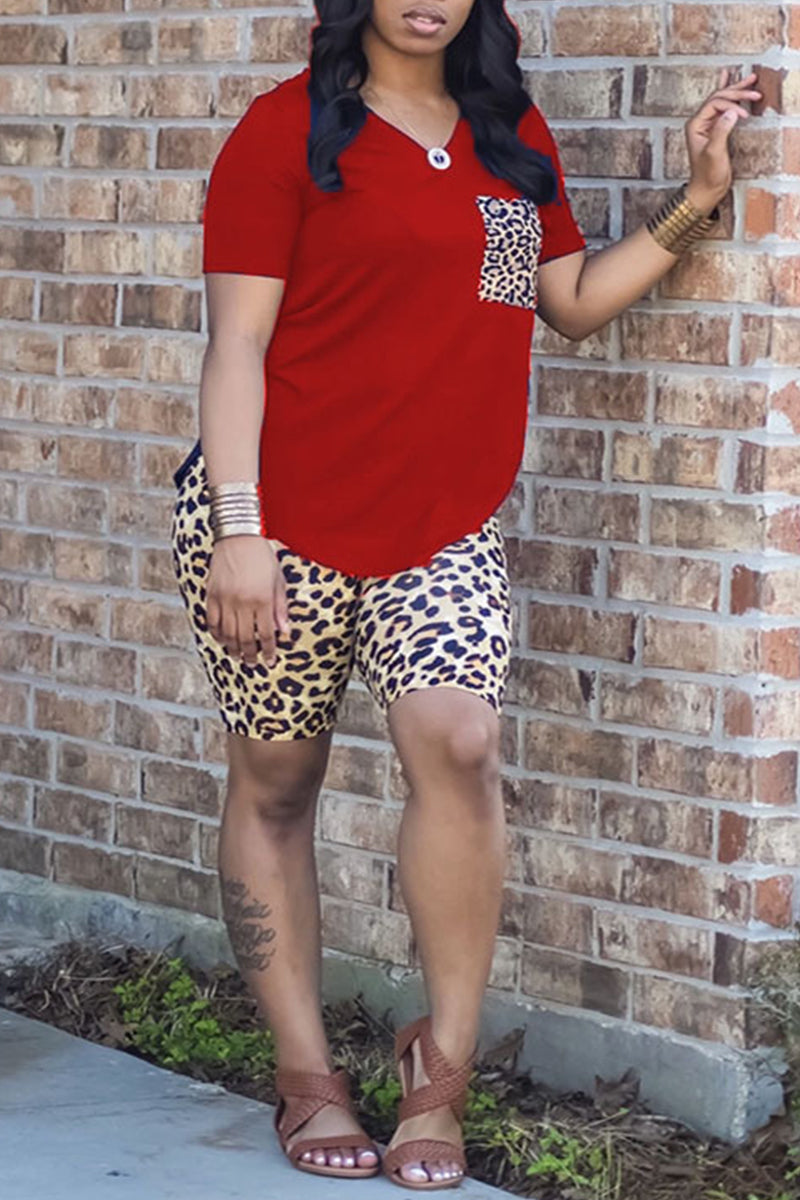 Fashion Casual Leopard Printing V Neck Short Sleeve Two Pieces