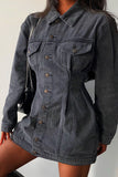 Casual Solid Split Joint Pocket Buckle Fold Turndown Collar Long Sleeve Regular Denim Dresses