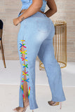Fashion Casual Solid Frenulum Slit Plus Size Jeans