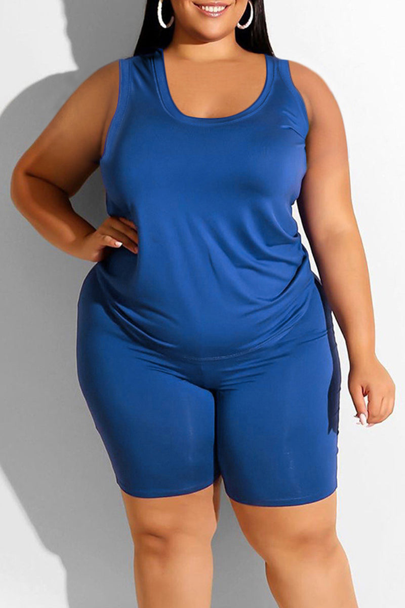Casual Solid Basic U Neck Plus Size Two Pieces