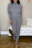 Casual High Neck Puff Sleeve Two-Piece Suit