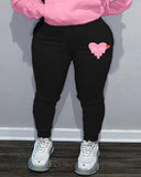 Plus Size Valentine's Day Heart Print Hoodie & Pants Set