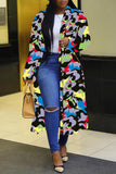 Casual Print Split Joint Buttons Turn-back Collar Plus Size Overcoat