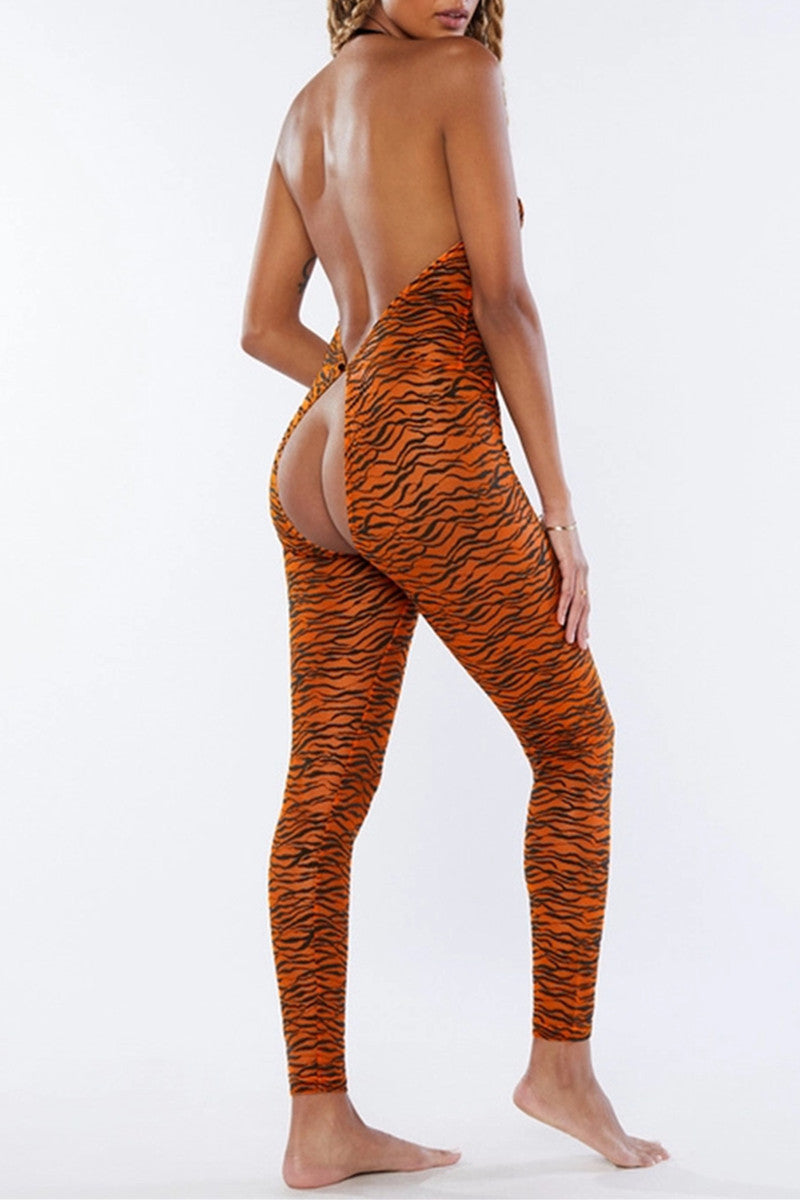 Fashion Sexy Print Hollowed Out Backless Halter Skinny Jumpsuits