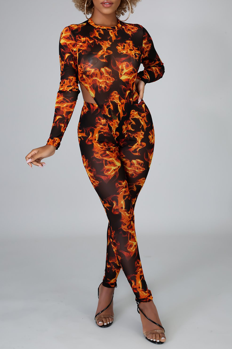 Sexy Print Hollowed Out O Neck Long Sleeve Two Pieces