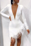 Sexy Solid Split Joint Feathers Mesh O Neck One Step Skirt Dresses