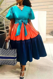 Fashion Patchwork Flounce V Neck Cake Skirt Dresses