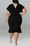 Casual Solid Patchwork Flounce V Neck One Step Skirt Plus Size Dresses