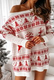 Casual Wapiti Snowflakes Christmas Tree Printed Split Joint  Contrast O Neck Dresses Sweater