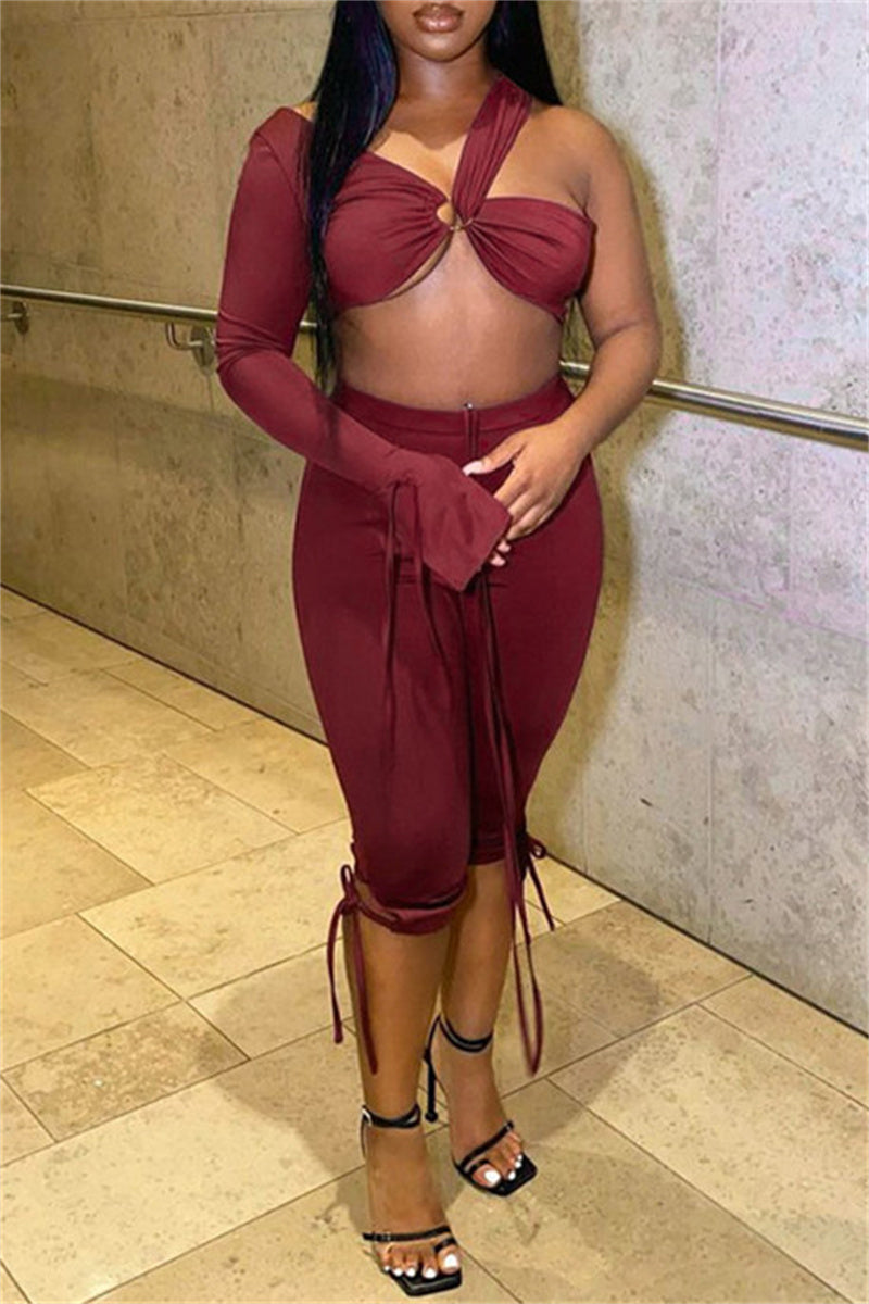 Sexy Casual Solid Bandage Split Joint One Shoulder Long Sleeve Two Pieces