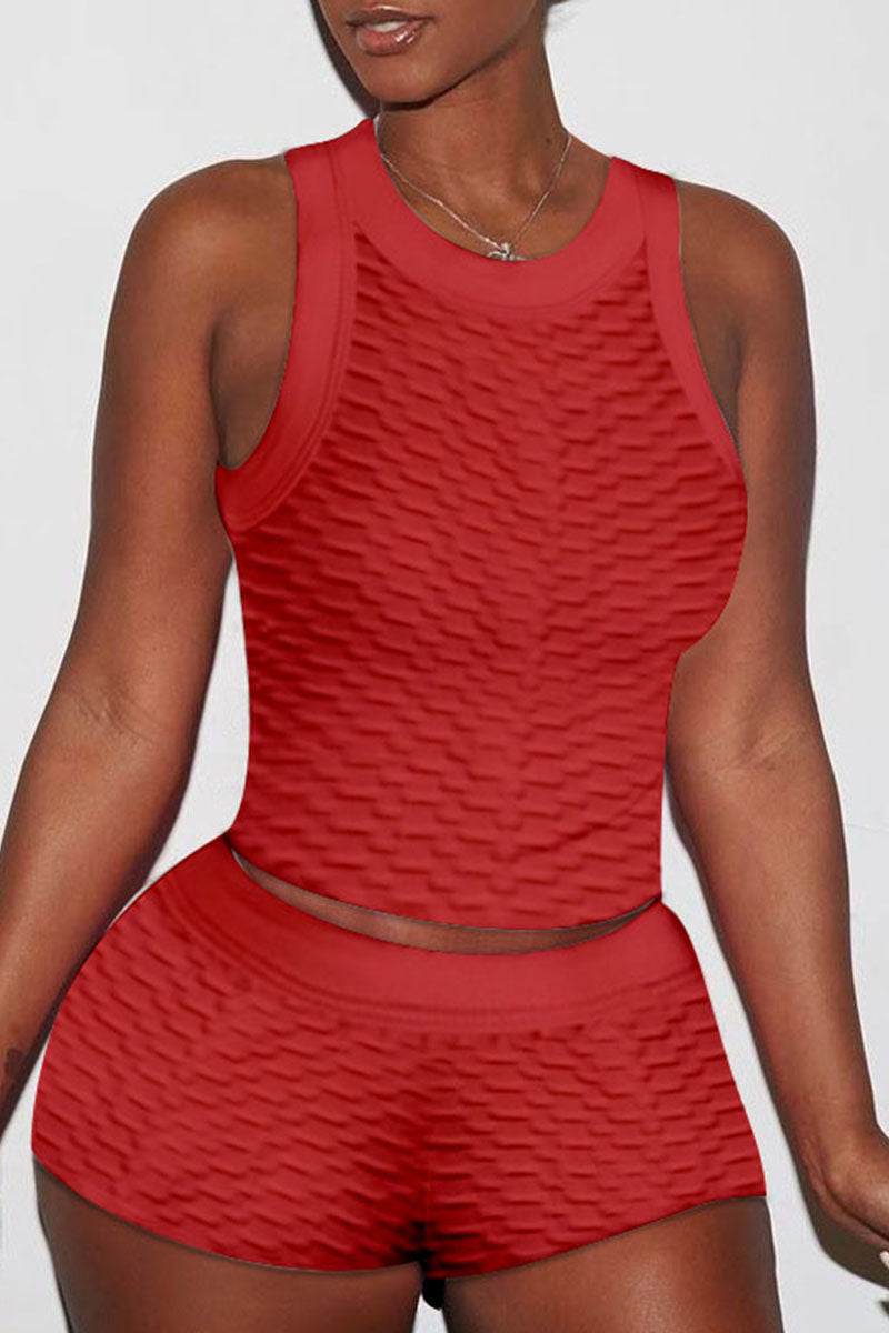 Sexy Solid Split Joint O Neck Sleeveless Two Pieces
