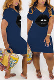 adult Casual Fashion Cap Sleeve Short Sleeves V Neck Step Skirt Knee-Length lip Print Pock