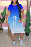 Fashion Gradient Printed Blue Short Sleeve Dress