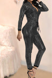 Casual Classic V-Neck Long Sleeve Sequined Black Jumpsuit