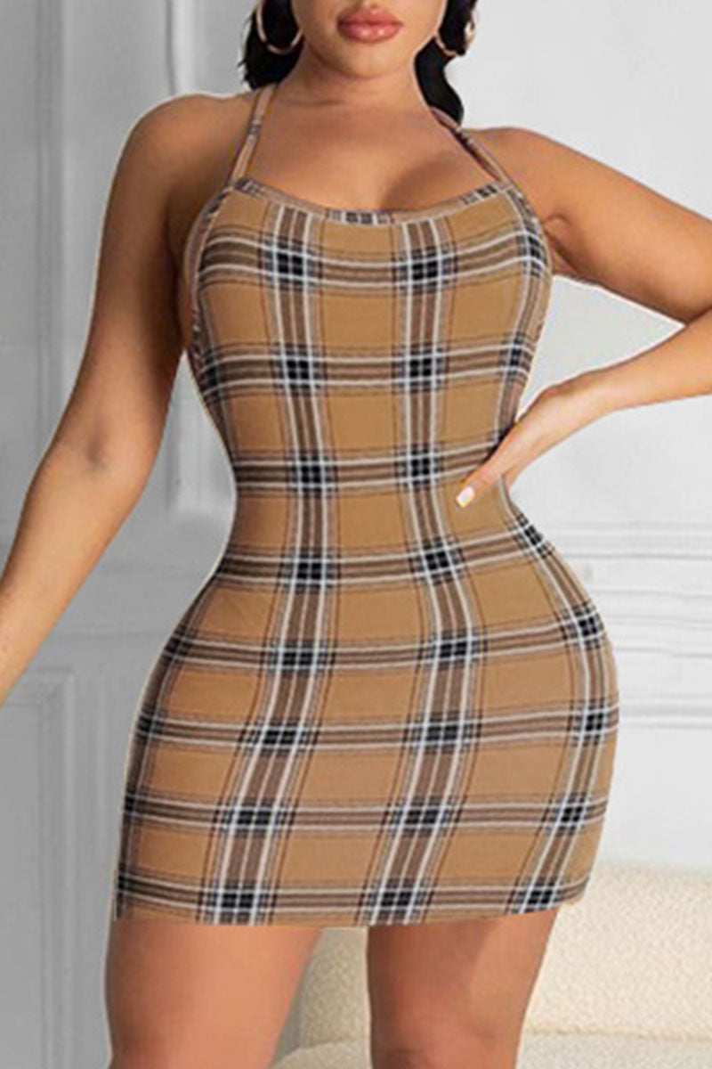 Sexy Plaid Striped Print Split Joint Spaghetti Strap Pencil Skirt Dresses