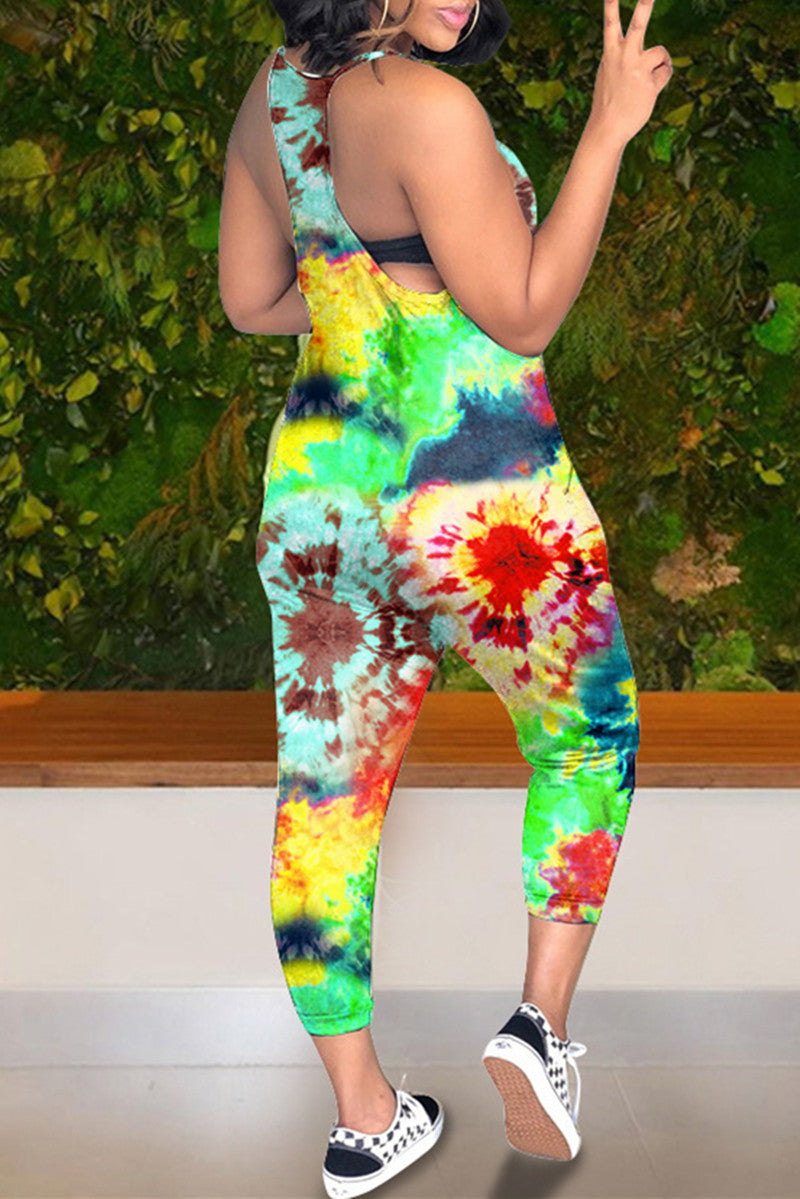 Sexy Casual Print Tie Dye Basic V Neck Regular Jumpsuits