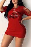 Fashion Sexy Letter Print Ripped Hollowed Out O Neck Short Sleeve Dress