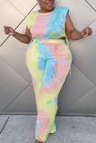 Casual Tie Dye Split Joint Draw String O Neck Plus Size Two Pieces