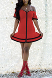 Fashion Off Shoulder Zipper Red Short Sleeve Dress