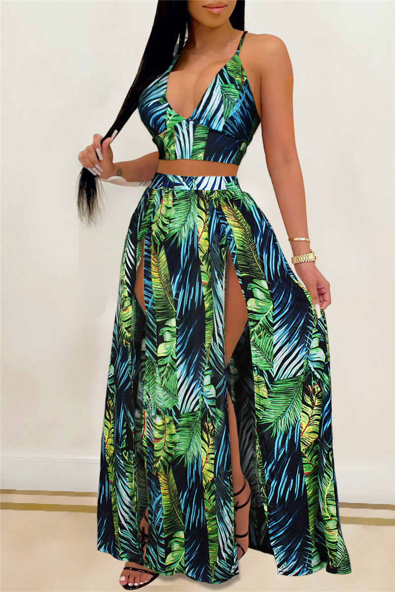 Fashion Sexy Print Backless Slit V Neck Sleeveless Two Pieces