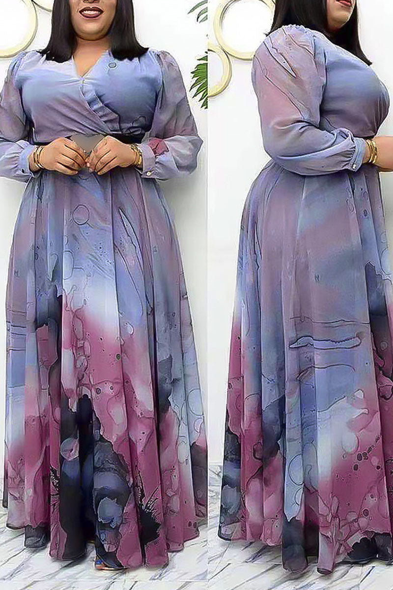 Casual Elegant Print Split Joint V Neck Straight Plus Size Dresses