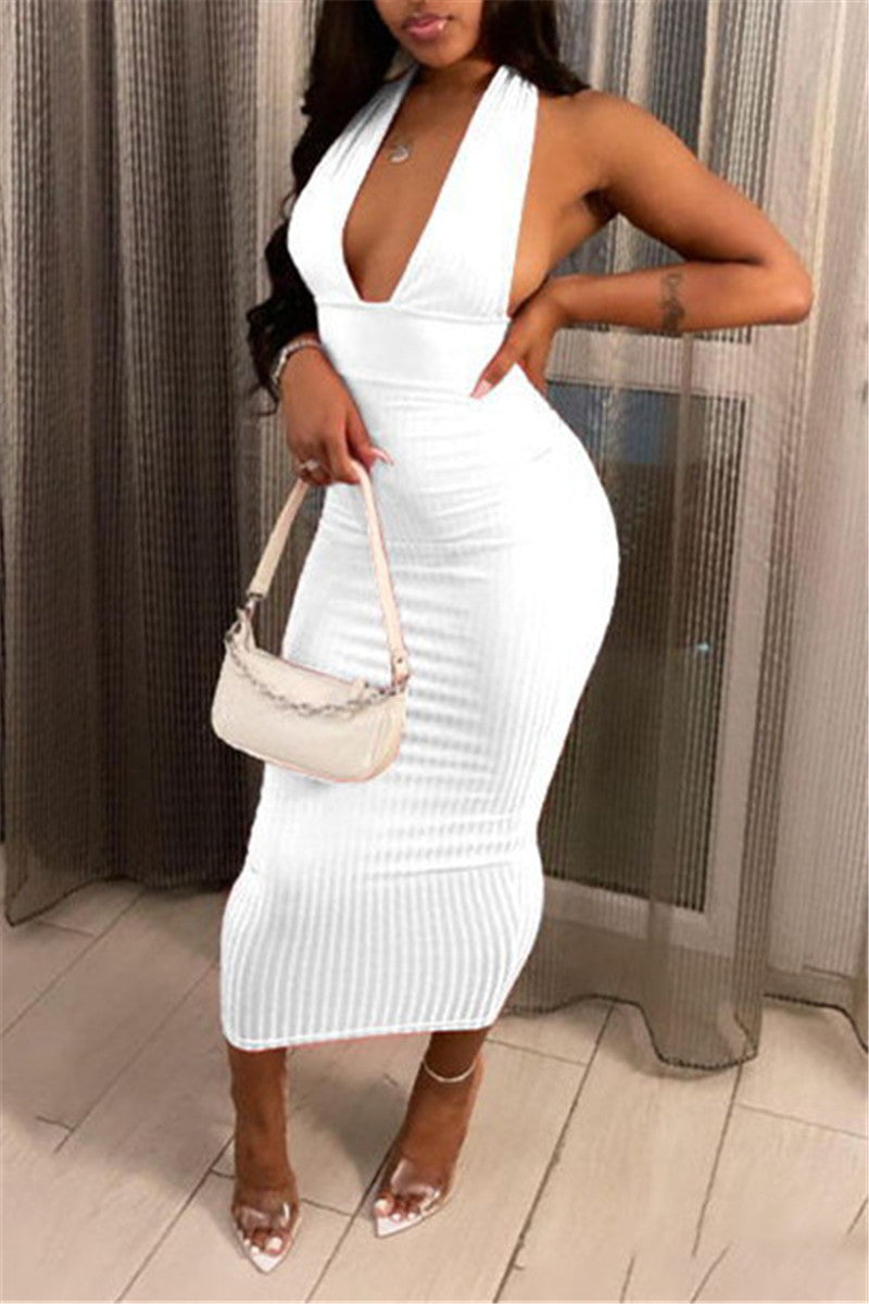 Fashion Sexy Solid Backless Halter Sleeveless Dress