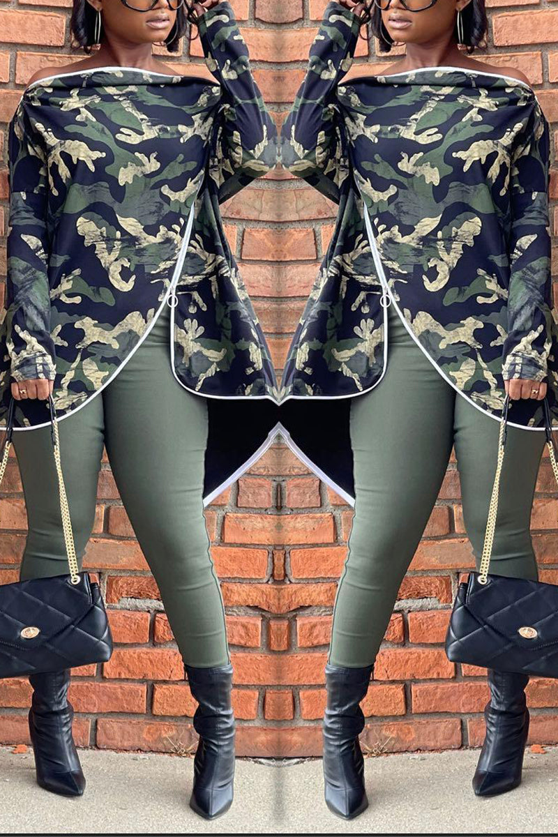 Casual Camouflage Print Printing Zipper Off the Shoulder Long Sleeve Two Pieces