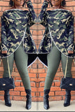 Casual Camouflage Print Printing Zipper Off the Shoulder Long Sleeve Two Pieces