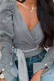Fashion Sexy V Neck Striped Black And White Long Sleeve Shirt