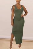 Sexy Off Shoulder Slit Dark Green Solid Two Piece Suit