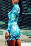 Fashion Casual Printed Light Blue Turtleneck Dress