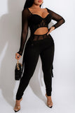 Fashion Patchwork Solid See-through Asymmetrical V Neck Long Sleeve Two Pieces