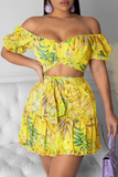 Sexy Print Split Joint Off the Shoulder Short Sleeve Two Pieces