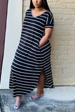 adult Fashion OL Cap Sleeve Short Sleeves V Neck Swagger Ankle-Length Patchwork Print Stri