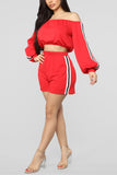 Fashion Patchwork Long Sleeve Red Off Shoulder Two-piece Set