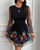 Floral Embroidery Sheer Mesh Patch Long Sleeve Dress