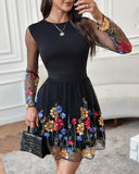 Floral Embroidery Sheer Mesh Patch Long Sleeve Dress