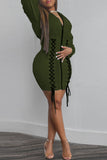 Casual Solid Bandage Split Joint Zipper Hooded Collar One Step Skirt Dresses