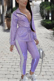 Fashion Hot Stamping Patchwork Long Sleeve Purple Two Piece Suit