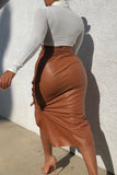 Brown PU Drawstring Sleeveless High Patchwork Solid bandage Split A-line skirt Capris Bottoms